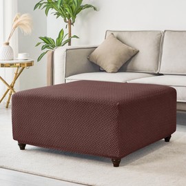 HFCNMY Ottoman Cover Square,Stretch Knitted Jacquard Square Ottoman Cover Thick Ottoman Slipcover Square Washable Storage Ottoman Cover Foot Stool Cover with Elastic Bottom Coffee Large