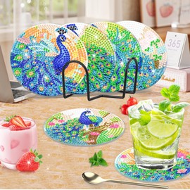 Lxmsja 8PCS Peacock Diamond Painting Coasters with Holder, Diamond Art Coasters for Adults Kids Beginners, DIY Funny Drinks Coasters with Cork, Craft Sets Gifts for Women Girls Home Decor