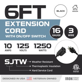 Iron Forge Cable 6 Ft Black Extension Cord with Inline Switch On/Off, 16/3 SJTW 3 Prong with in Line Switch On Off Power -10 AMP Cord - ETL Listed