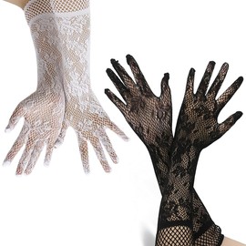 GHPKOTW 2 Pairs Long Lace Gloves Elegant Mesh Gloves for Women Opera Gloves Audrey Hepburn Style 1920s Vintage Party Gloves Black and White Wedding Dance Theatre
