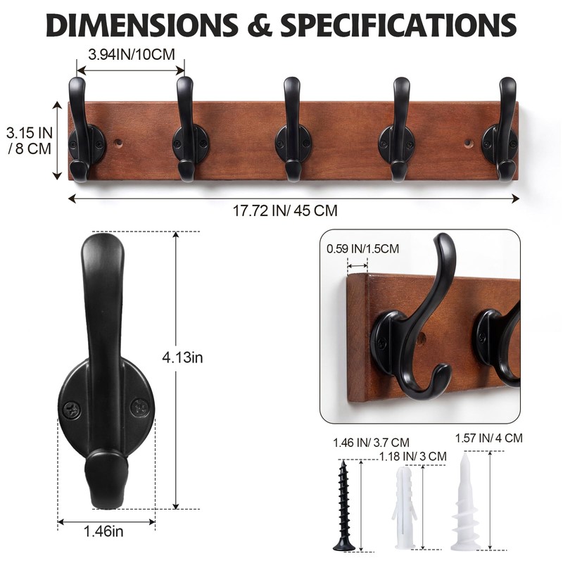 PEOIAOY Wall Mounted Coat Hooks, 5 Dual Hooks, 17.72 Inches