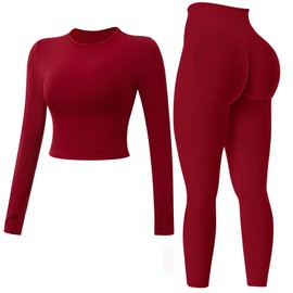 MAYROUND Women Gym Set 2 Piece Outfits Workout Set Long Sleeve Gym Tops Scrunch Bums Leggings Yoga Activewear Tracksuit Set