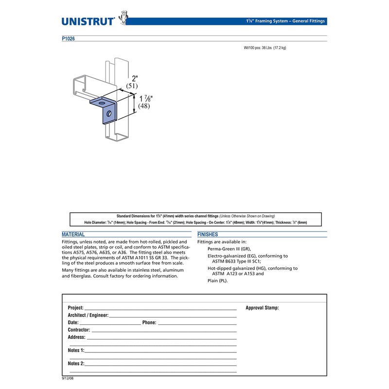 Genuine Unistrut P1026-EG 2 Hole 90 Degree Angle Connector Bracket