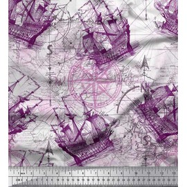 Soimoi Cotton Voile Fabric Ship & Direction Compass Nautical Print Sewing Fabric metre 56 Inch Wide