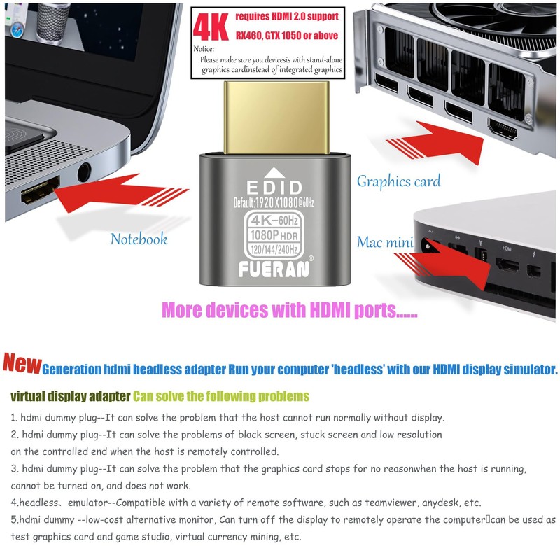 HDMI Dummy Plug 4K HDR,edid Emulator Virtual Display Adapter,hdmi Headless