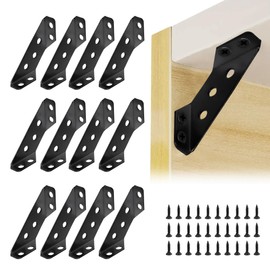 12Pcs Black Universal Stainless Steel Furniture Corner Connector with 80 Screws, Trapeziform Corner Brackets, Angle Corner Brace for Wood Shelves, Chair Drawer Cabinet Tables