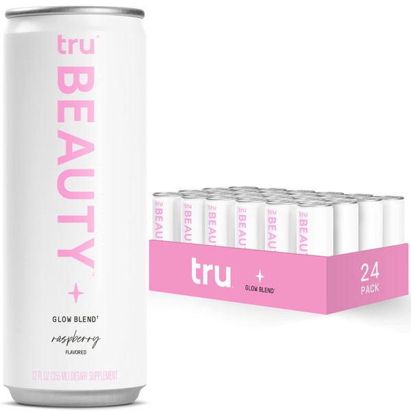 Tru Beauty Sparkling Water (24-Pack) Liquid Collagen Peptides with Biotin & Hyaluronic Acid - Gluten-Free Keto-Friendly Vegan Glow Collagen Blend - Raspberry Flavored Beauty Collagen Drink, 12fl.oz