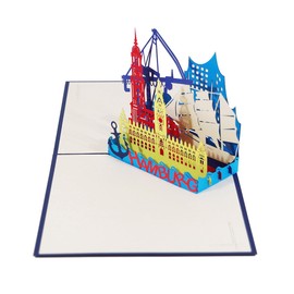 3D Card "Hamburg Skyline" in Blue, Pop Up Card as Travel Voucher, Greeting Card, Greeting Card, Birthday Card, Folding Card as Souvenir