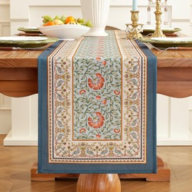 Laolitou Designer Blue Floral Linen Table Runner, Vintage Cottage Rustic Table Runners, Wrinkle Resistant Table Decoration for Kitchen Dining and Coffee Tables Banquet Christmas 13x72 Inches
