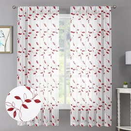 Tollpiz Burgundy Red Leaf Sheer Curtains Leaves Embroidered Living Room Short Curtain Rod Pocket Voile Window Treatments for Bedroom, 54 x 45 inches Long, Set of 2 Panels