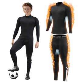 Giyim Kids Thermal Base Layer Set - Collar Style Boys Football Skins & Tights Football Compression Set, Double - Layer Breathable for Sport, Football, Basketball & Ski (Black&S)