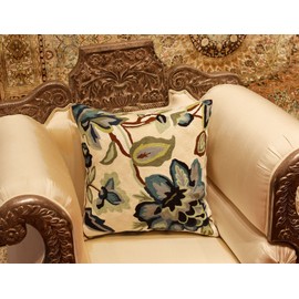 Modern Cream Decorative Floral Pillow Cover Needlepoint White Flower Hand Embroidered Pillowcase Flowery Outdoor Suzani Accent Cushion Boho Chair Modern Chair Pillowsham Wool Size 18x18