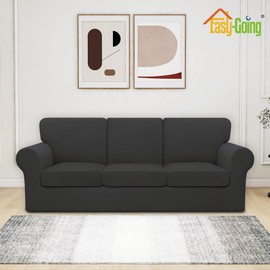 Easy-Going 7 Pieces Stretch Couch Cover Washable Sofa Cover Set for 3 Backrest and Seat Cushion Couch Anti-Slip Sofa Slipcover Furniture Protector with Elastic Bottom (Large, Dark Grey)