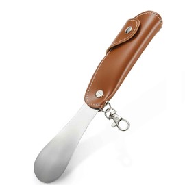 DPWOUM 1Pcs Metal Shoe Horn Foldable Shoe Horns Mini Travel Shoehorn Stainless Steel Shoe Spoon with Leather Holster and Keychain for Men Women