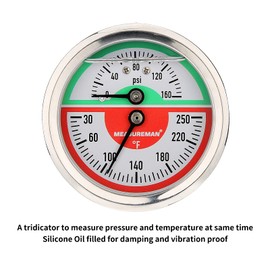 MEASUREMAN Tridicator, Thermo-Manometer, 2-1/2", Silicone Oil Filled, 0-160psi/30-250 deg F, Stainless Steel Case, 1/4" NPT Back Mount