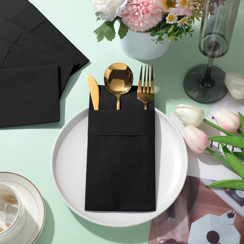 Cindeer 150 Pcs Black Linen Dinner Feel Napkins with Built