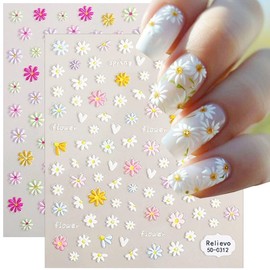 6 Sheets Daisy Nail Art Stickers Flower Nail Stickers 5D Relief Pink White Floral Nails Decals Self-Adhesive Design Flowers Sticker Acrylic Nail Art Supplies for Women Girls