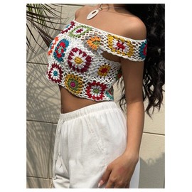 MakeMeChic Women's Crochet Floral Knitted Crop Tops Off The Shoulder Cap Sleeve Boho Sweater Multicolor Large