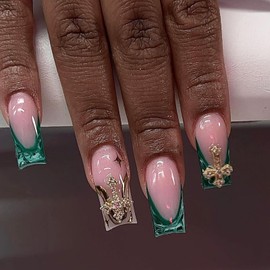 MISUD Press on Nails Long Square Fake Nails Glossy Glue on Nails Green Ombre French Tip Acrylic Nails Squoval Artificial Nails Cross Rhinestone Stick on False Nails with Design 24 pcs