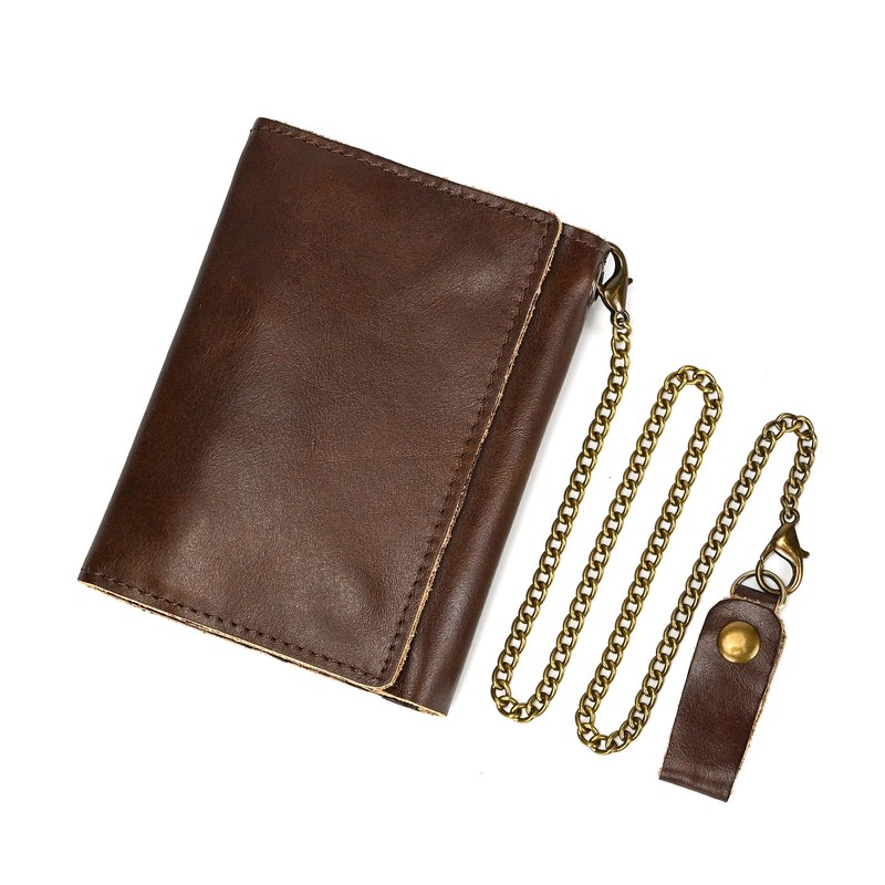 LUUFAN Men's Genuine Leather Short Wallet Trifold Anti-Theft Chain Purse