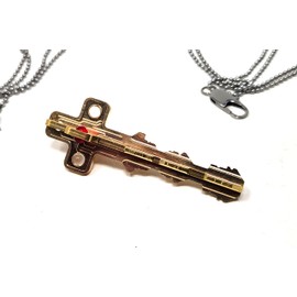 Cruciform Key Replica Necklace, 3.25 inch Brass Key with Red Glass Cabochons, 30 inch Steel Chain