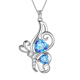 Blue Butterfly Heart Necklace Women 925 Sterling Silver Animal Butterflies March Created Aquamarine Birthstone Aquamarine Pendant Crystal Wedding Birthday Jewelry DP0307M