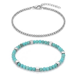 Sunongxin Hematite Bracelet, Stainless Steel Box Chain & Turquoise Beaded Bracelet Set, Adjustable Boho Western Beach Summer Jewelry for Men