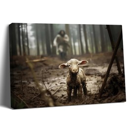 Balgardekor Jesus Running After Lost Lamb Christian Painting Canvas Wall Art Jesus and Lamb Religious Inspirational Home Decor for Living Room Bedroom Office Church (1, Grey 1, 12 x 16 Inches)