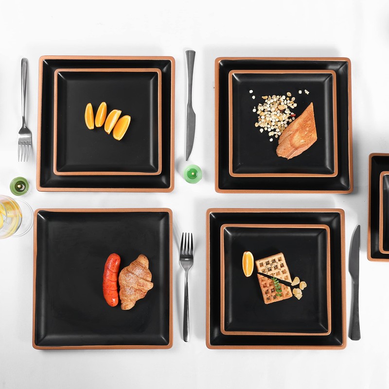 Gofunfun Melamine Dinnerware Sets Service for 4, Square Dinner Plates
