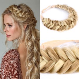 DIGUAN Messy Wide 2 Strands Synthetic Hair Braided Headband Classic Chunky Plaited Braids Elastic Stretch Hairpiece Women Girl Beauty accessory, 62g/2.1 oz (Highlighted Golden Blonde)