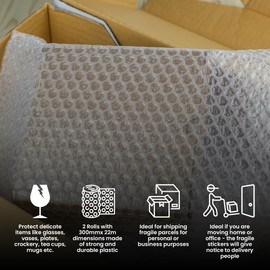 Bubble Wrap Set: 2 Rolls of Bubble Wrap 300mm x 11-2 Packing Tapes, 25 Fragile Stickers and Perforated Every 12cm