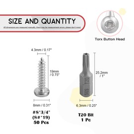 Hilitchi 50 Pcs #8 x 3/4” Stainless Steel Button Head Torx Sheet Metal Screws Security Silver Screws Anti-Theft Tamper Proof with Bit T20