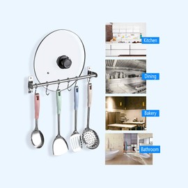 eForwish 304 Stainless Steel Kitchen Rail Pot Pan Lid Holder Rack with 6 Hooks Hangers Wall Mounted 15.5"