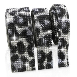 SEWJUN 3 Roll Crystal Rhinestone Ribbon, Self-Adhesive Silver Black Leopard Print Bling Diamond Stickers Wrap with 2mm Rhinestones Sticker for Arts Crafts Birthday Party DIY Event Car Phone Decoration