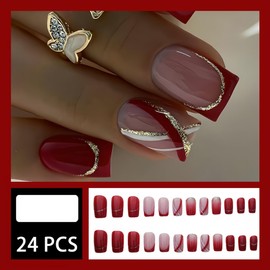 Dark Red Press on Nails Medium Square QUNQINLI French Fake Nails Nude False Nails Press ons with Gold Red Stripe Glitters Design Nail Art Tips Full Cover Artificial Glue on Nails for Women 24 Pcs