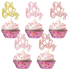 24 piezas de adornos para cupcakes de bebé de Oh Baby Cupcake Toppers de oro rosa con purpurina para baby shower de género para niños y niñas, suministros de decoración de pasteles