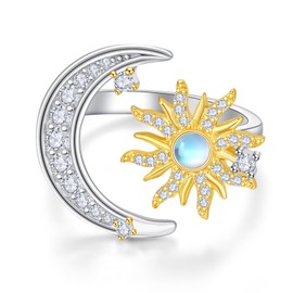 Dreamboat Gold Sun and Moon Ring for Women Sterling Silver Adjustable Rings Sun Ring Moonstone Ring Celestial Jewelry Gifts