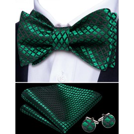 Barry.Wang Green Bow Ties Mens Self Tie Plaid Checkered Bowtie Pocket Square Cufflinks Set Formal Tuxedo