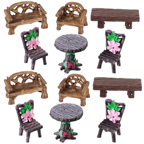 12 Pieces Garden Furniture Ornaments Miniature Table and Chairs Set Village Micro Resin Bench Chair for Dollhouse Accessories Home Micro Landscape Decoration (Cute Style)