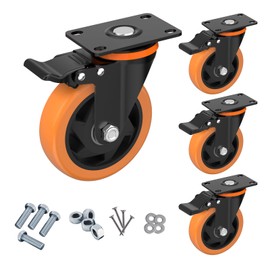 5 Inch Caster Wheels,Orange Casters Set of 4, Heavy Duty Casters with Brake 2200 Lbs, Locking Industrial Swivel Top Plate Casters Wheels for Furniture and Workbench Cart(Two Hardware Kits Include)