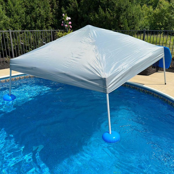 Sunjoy Floating Pool Canopy 10’× 10’ Pop Up Gazebo Grey Fabric Canopy, Steel and Aluminum Frame Floating Tent with PVC Floats, Hand Air Pump and Carry Bag