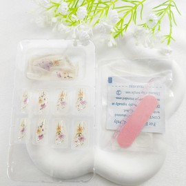 Short Press on Nails Coffin Fake Nails with Floral Design Pearl Glue on Nails White Short Coffin Glossy Milky Nails Press ons Cute Artificial Stick on Nail for Women 24Pcs