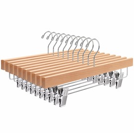Amber Home 10 Pack Natural Wooden Pants Hangers with Clips, Wood Skirt Hangers Trouser Hangers for Jeans, Slacks, Shorts with 2-Adjustable Clips