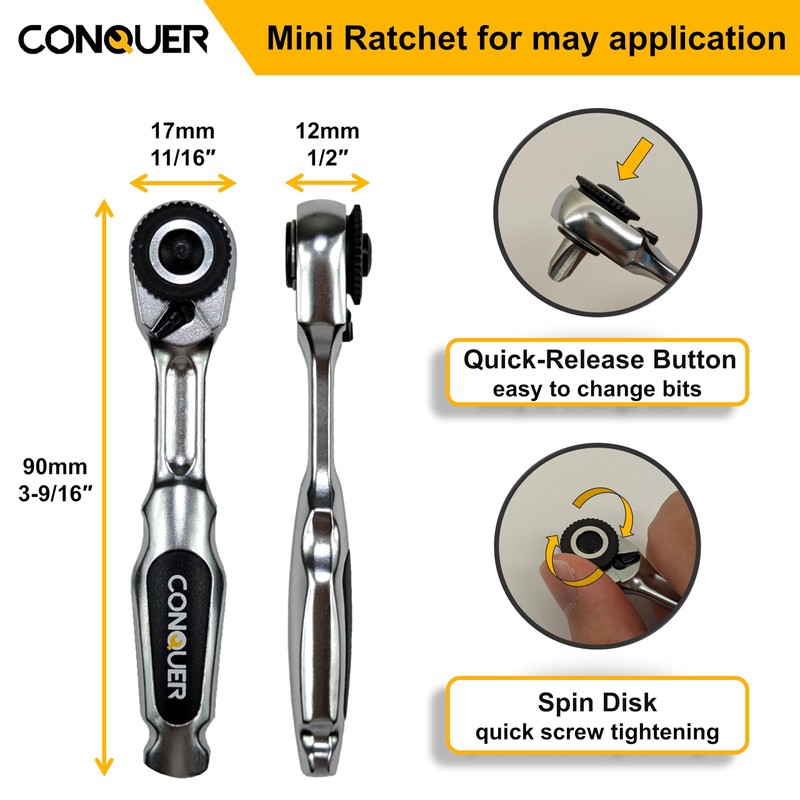 CONQUER 22pc 1/4 Ultra Low Profile Mini Ratchet Close Quarter
