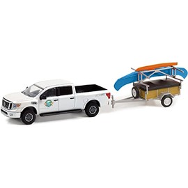 Greenlight 32230-A Towing Hitch & Towing Hitch Series 23 - 2019 Titan XD Pro-4X "Whitewater Canoe Rental" with Canoe Trailer with Canoe Holder, Canoe and Kayak Scale 1/64