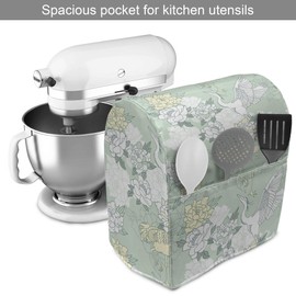 Lunarable Traditional Stand Mixer Cover, Japanese Cranes Peonies Cultural Aspects Symbolic of Happy Life, Kitchen Appliance Organizer Bag Cover with a Pocket, 6-8 Quarts, Avocado Green Pale Green