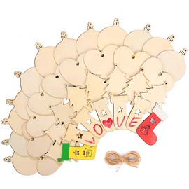 TONAK Unfinished Wood Pieces Wooden Ornaments Christmas Crafts Supplies for Kids Predrilled Blank Hearts Tree Round Wood Slices to Paint DIY Christmas Hanging Decoration 40pcs 3"