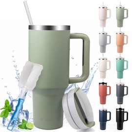 Temede Thermobecher mit Strohhalm und Henkel 1180ml, Kaffeebecher mit Griff und Stroh, Doppelwandiger Edelstahl Vakuum Isolierbecher, Tragbare Autobecher Tumbler für für Heißer und Kalter Getränke