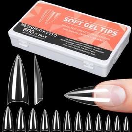 Alyvisun Long Stiletto Half Cover Nail Tips | 600 Pieces Clear Soft Gel Nails Tips, 12 Sizes Fake Nail Extension Tips for Manicure Salon, DIY