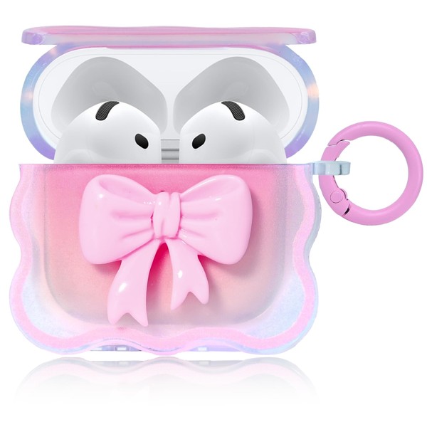 Cute Case for AirPod 4 with Keychain Pink Bow Clear